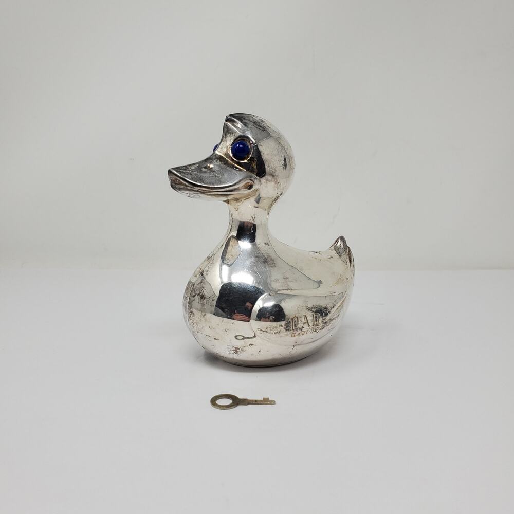 Vtg E.P. Brass Duck Keyed Coin Bank Monograms On Side 5.5" Tall With key